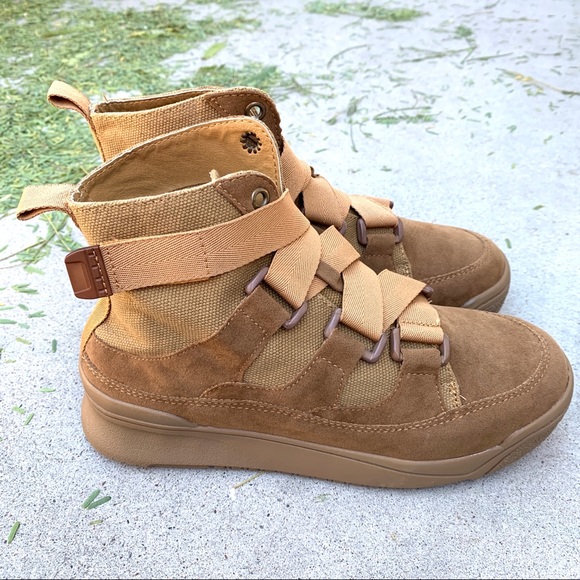 New Camel Brown Vegan Suede Velcro Tie High Top Boots - Picture 3 of 7
